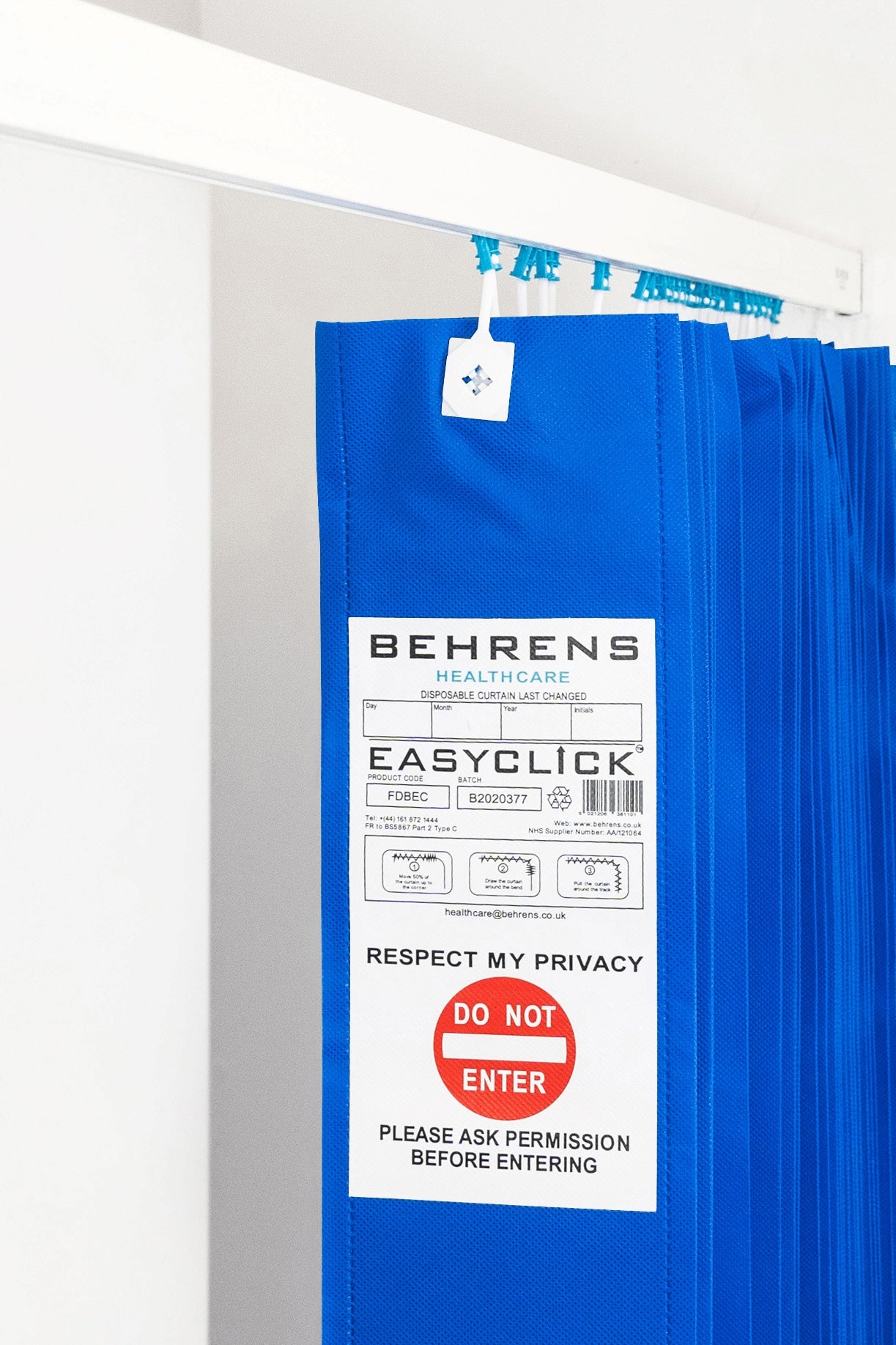 Hospital Blue FR Disposable Curtain - EasyClick Hooks